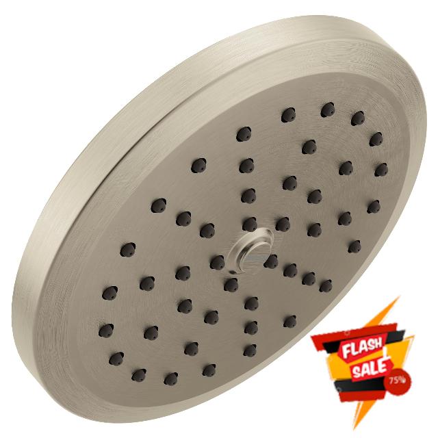 Moen Brushed Nickel One-Function 6-3/4 Inch Wide Diameter Rain Showerhead with Immersion Rainshower Technology