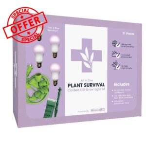 Miracle LED Plant Survival Indoor Grow Light Kit - 4 Multi-Plant Red & Blue Spectrum 150W Replacement Grow Light Bulbs & 1 4-Socket Corded Fixture with SproutMatic Timer (6-Pack)