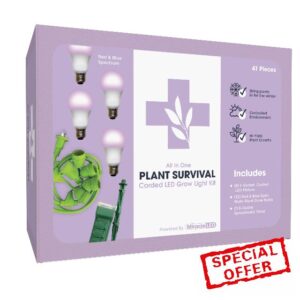 Miracle LED Plant Survival Indoor Grow Light Kit - 4 Multi-Plant Red & Blue Spectrum 150W Replacement Grow Light Bulbs & 1 4-Socket Corded Fixture with SproutMatic Timer (8-Pack)
