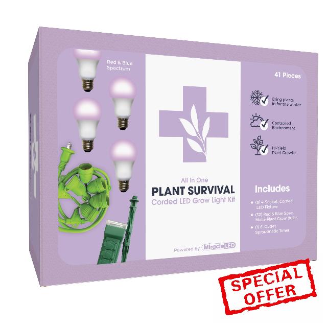 Miracle LED Plant Survival Indoor Grow Light Kit - 4 Multi-Plant Red & Blue Spectrum 150W Replacement Grow Light Bulbs & 1 4-Socket Corded Fixture with SproutMatic Timer (8-Pack)