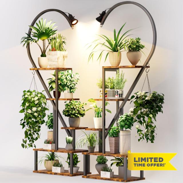CODACE 5 Tier Metal Plant Stand Indoor - Half Heart Shaped Plant Shelf Rack Flower Stand with Grow Lights - Multi Planter Display Stand for Home Decor