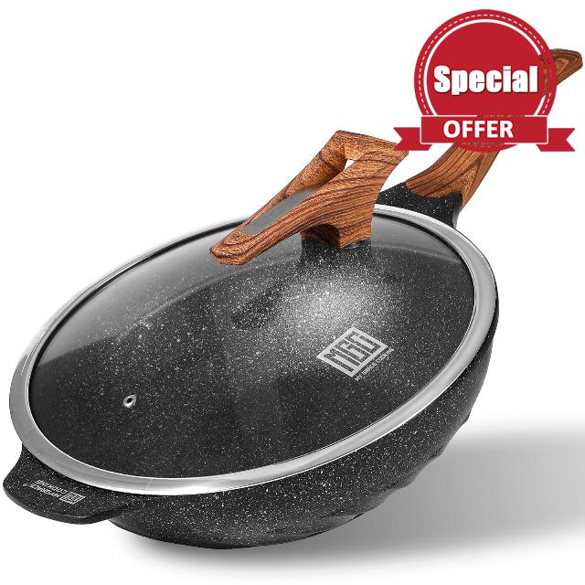 MGC Woks & stir-fry pans Die-cast Aluminum Granite Non-stick with Glass Lid- 12.5 inch Cooking Set Sauce pan Frying pan Cooker for All Stove Tops