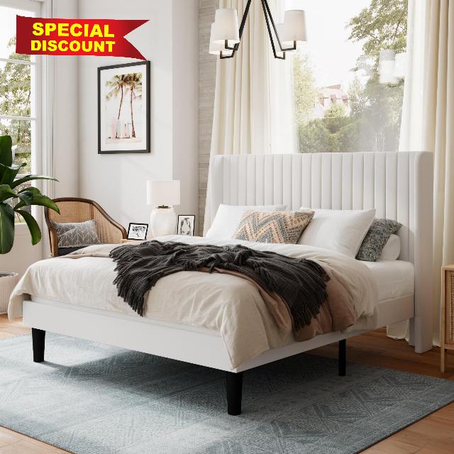 SHA CERLIN Queen Size Velvet Bed Frame with Vertical Channel Tufted Wingback Headboard