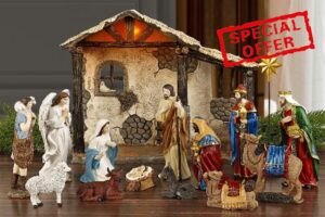 Fovths 16 Pieces Lighted Nativity Sets for Christmas Indoor Deluxe Edition Lighted Stable Resin Nativity Set Religious Nativity Manger Tabletop Resin Figures Holiday Tabletop Decor Set -7 inches Scale