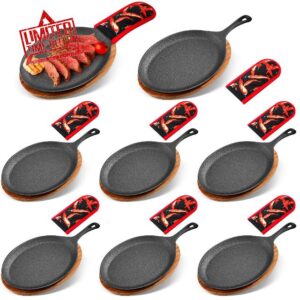 Lallisa 8 Sets Cast Iron Fajita Plate Set Fajita Plate Sizzler Pan with Wooden Tray Anti Scald Protection Hot Mitt Cast Iron Skillet Set for Home Barbeque Kitchen Party Restaurant Catering Service