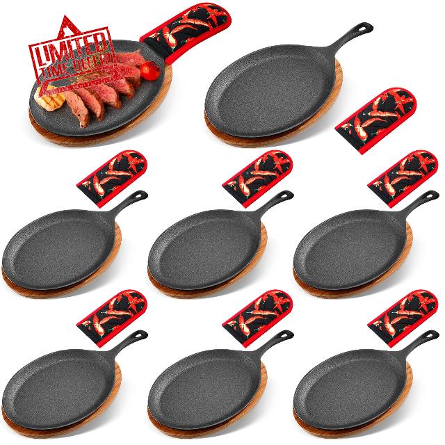 Lallisa 8 Sets Cast Iron Fajita Plate Set Fajita Plate Sizzler Pan with Wooden Tray Anti Scald Protection Hot Mitt Cast Iron Skillet Set for Home Barbeque Kitchen Party Restaurant Catering Service