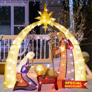 DROFELY 52” Nativity Scene Outdoor Christmas Lighted up Decoration with 120 Warm White LED Lights Nativity Set Christmas Tree Decor AZ21JH-013N