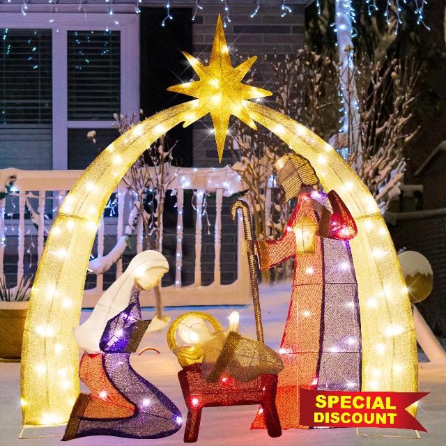 DROFELY 52” Nativity Scene Outdoor Christmas Lighted up Decoration with 120 Warm White LED Lights Nativity Set Christmas Tree Decor AZ21JH-013N
