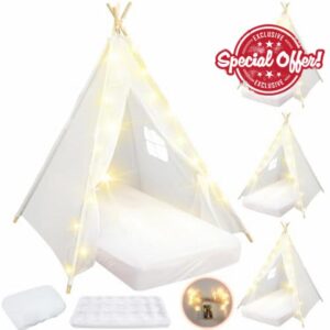 Windyun 4 Pack Kids Teepee Tent Bulk with Light String & Inflatable Airbed & Bedding Fitted Sheet