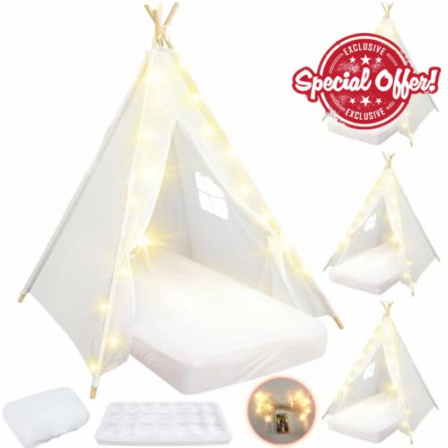 Windyun 4 Pack Kids Teepee Tent Bulk with Light String & Inflatable Airbed & Bedding Fitted Sheet