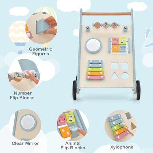 Toddler First Step Activity Interactive Push Along Toy with Handle & Smooth Rubber Wheels