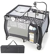 COSTWAY Portable Travel Cot, Foldable Baby Bassinet and Activity Playpen with Changing Table, Mus...
