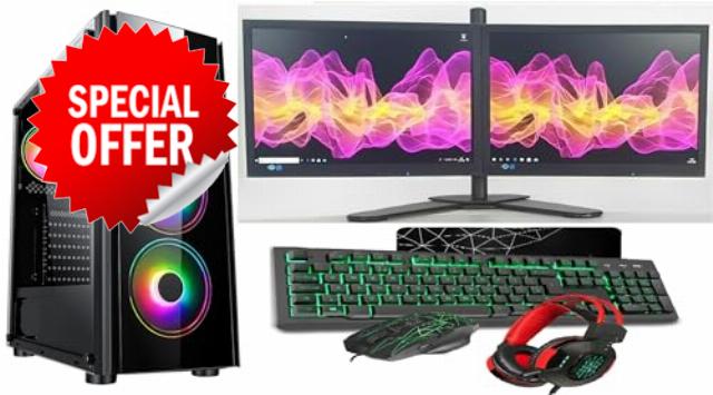 Fast Gaming PC Bundle: Intel Quad Core i5 / 16GB RAM / 1TB HDD + 128GB SSD / GT730 2GB / Windows 10 / Dual Monitor 22" / Tornado