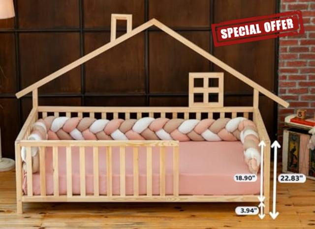 Montessori Floor Bed with Door for Toddler | Pine Wood Natural Solid Frame Bed with Wood Slats | Sturdy Design Floor Bed Frame for Boy and Girls (Crib