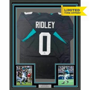 Framed Autographed/Signed Calvin Ridley 33x42 Jacksonville Black Football Jersey Beckett BAS COA
