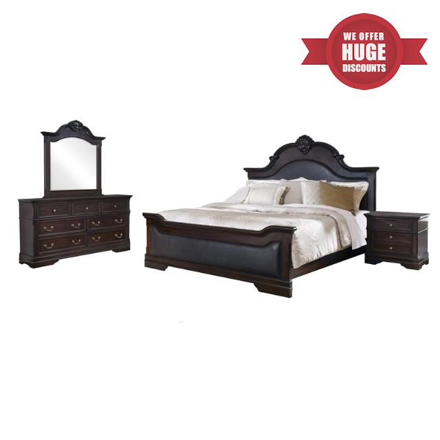 MAKLAINE Contemporary 4-Piece Queen Carved Wood Bedroom Set Cappuccino