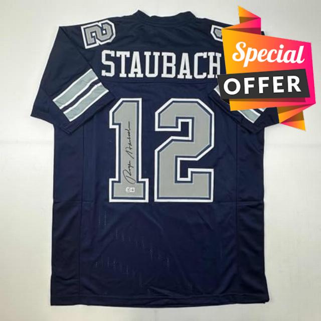 Autographed/Signed Roger Staubach Dallas Blue Football Jersey Beckett BAS COA