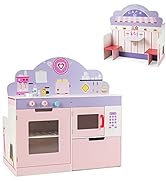 COSTWAY Kids Play Kitchen, Wooden Pretend Cooking Playset with Cabinet, Shelves, Sink, Stoves, Ch...