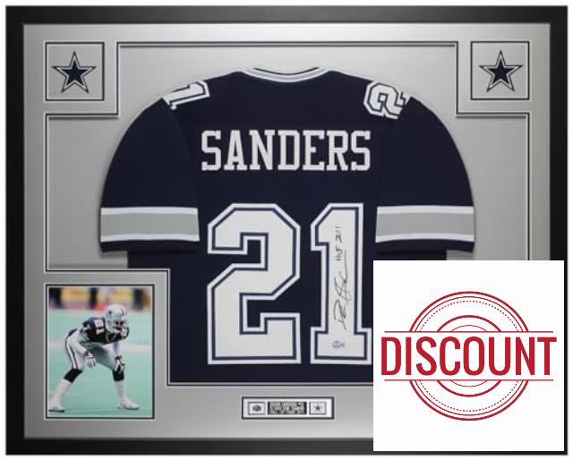 Deion Sanders Autographed Blue Dallas Jersey - Beautifully Matted and Framed - Hand Signed By Sanders and Certified Authentic by Beckett - Includes Certificate of Authenticity