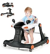 GYMAX Baby Walker, 4 in 1 Foldable Toddler Push Along Walker with Wheels, Music Tray, Lights and ...
