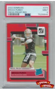 PSA Mint 9 2022 Donruss Brock Purdy Red Press Proof Rated Rookie Card