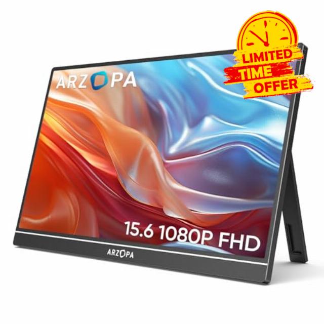 ARZOPA Portable Monitor 15.6'' FHD 1080P - Ultra-Slim Portable Laptop Monitor with Kickstand - IPS Display for PC