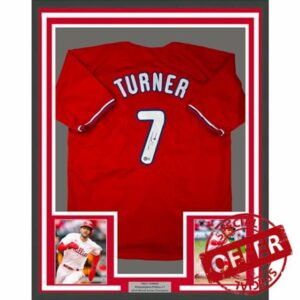 Framed Autographed/Signed Trea Turner 33x42 Philadelphia Red Baseball Jersey Beckett BAS COA