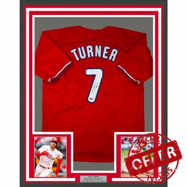 Framed Autographed/Signed Trea Turner 33x42 Philadelphia Red Baseball Jersey Beckett BAS COA