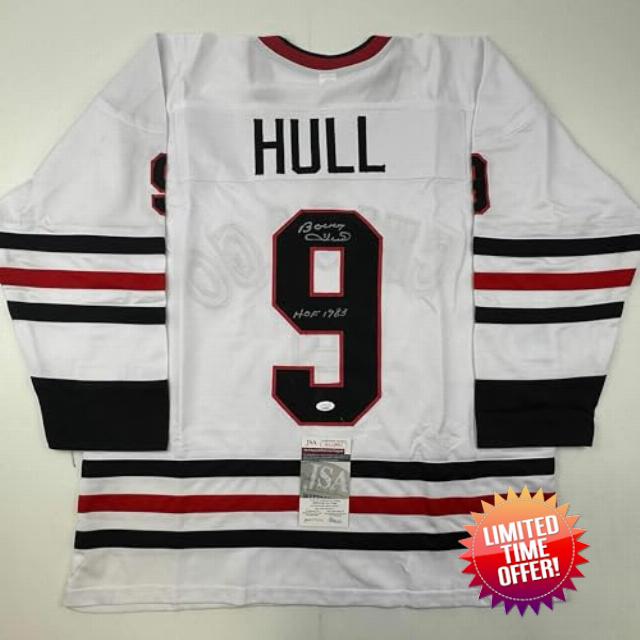 Autographed/Signed Bobby Hull HOF 1983 Chicago White Hockey Jersey JSA COA