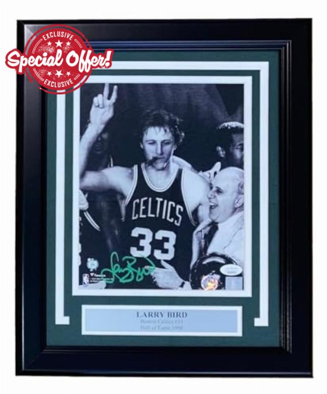 Larry Bird Signed Framed 8x10 Boston Smoking Photo w/Red Auerbach Bird+JSA