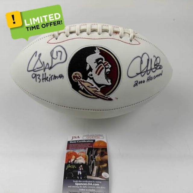 Autographed/Signed Chris Weinke & Charlie Ward Heisman Florida State Seminoles FSU Full Size White Panel Logo Football JSA COA
