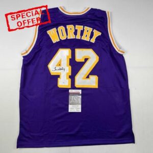 Autographed/Signed James Worthy Los Angeles LA Purple Basketball Jersey JSA COA