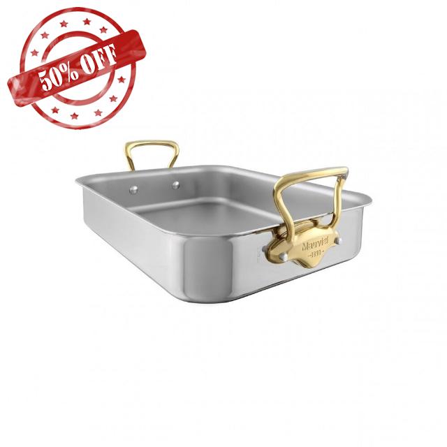 Mauviel M'Cook B 5-Ply Polished Stainless Steel Roasting Pan With Brass Handles