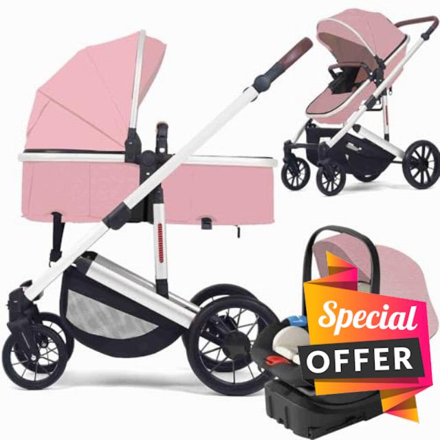 MISKYN Coches para Bebes Baby Stroller Newborn Carriage with Stroller Footmuff Baby Strollers for Girls 3 in 1 Foldable Baby Stroller Travel System with Car Seat and Base (Color : Pink)