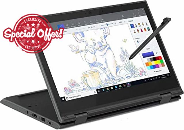 Lenovo Newest 11.6in 2-in-1 Convertible Laptop Anti-Glare Touchscreen Display Intel Quad Core N4120 4GB RAM 64GB Storage Web Cam Windows 10 Pro Active Stylus Included (300e)