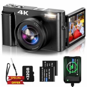 4K Digital Camera for Photography Auto-Focus 4K Camera with 180° 3.0 inch Flip Screen 16X Anti-Shake Vlogging Camera for YouTube Video Compact Cameras with SD Card