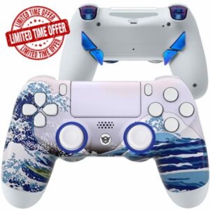 HEXGAMING NEW EDGE Wireless Pro Controller Compatible with ps4-4 Remappable Back Buttons - Hair Triggers - Interchangeable Thumbsticks - Waves Blue