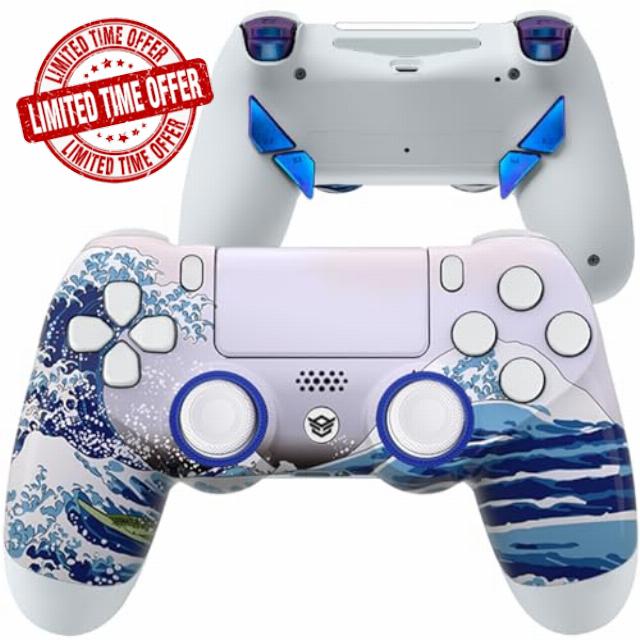 HEXGAMING NEW EDGE Wireless Pro Controller Compatible with ps4-4 Remappable Back Buttons - Hair Triggers - Interchangeable Thumbsticks - Waves Blue