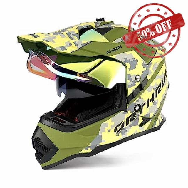 Orthrus DOT Certified Dual Sport Multicam Adventure Motorcycle Helmet UV Protected Visor for Snowmobile ATV Dirt Bike Off Road (Halo
