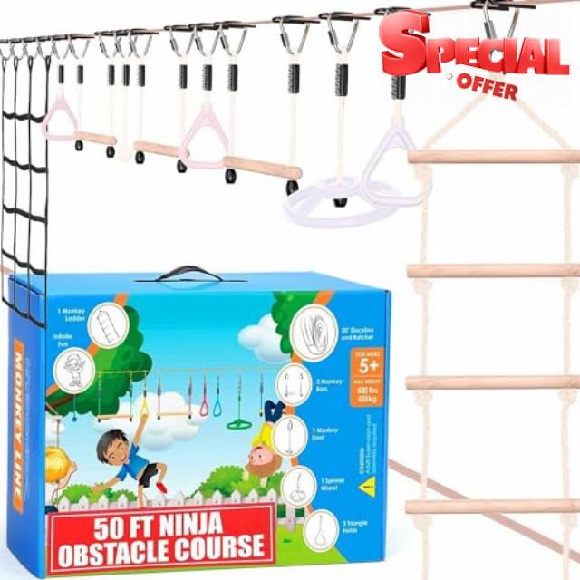 Ninja Warrior Obstacle Course for Kids - 2 x 50 ft - Up to 880 Lbs - 10 Weatherproof Obstacles - Ages 5-12 | Setup on Trees or Posts | Ninja Course for Kids Outside