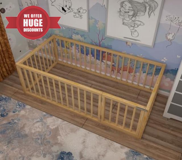 Montessori Floor Bed with Door for Toddler Crib Size 27.5'' x 53'' | Pine Wood Natural Solid Frame Bed | Sturdy Design Floor Bed Frame for Boy and Girls (Crib