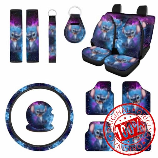 Lyukrsg 15 Pcs Cartoon Car Accessories Set Include Car Seat Cover Car Floor Mats Car Steering Wheel Cover Seat Belt Pads Car Coasters Keychain for Car SUV Truck