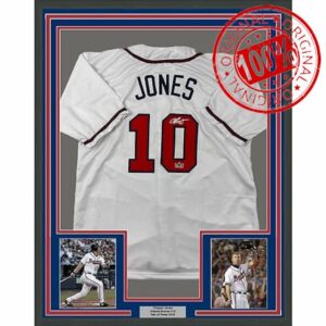 Framed Facsimile Autographed Chipper Jones 33x42 Atlanta White Reprint Laser Auto Baseball Jersey