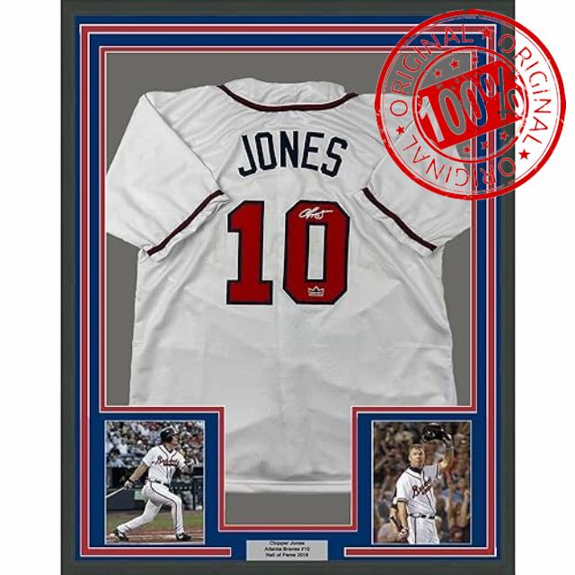 Framed Facsimile Autographed Chipper Jones 33x42 Atlanta White Reprint Laser Auto Baseball Jersey