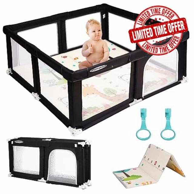 ROMPICO Baby Playpen Foldable & Portable Playpen with Mat for Babies and Toddlers Activity Center with Zipper Gate Play Yards with Breathable Mesh Indoor & Outdoor (Foldable 47”x47”