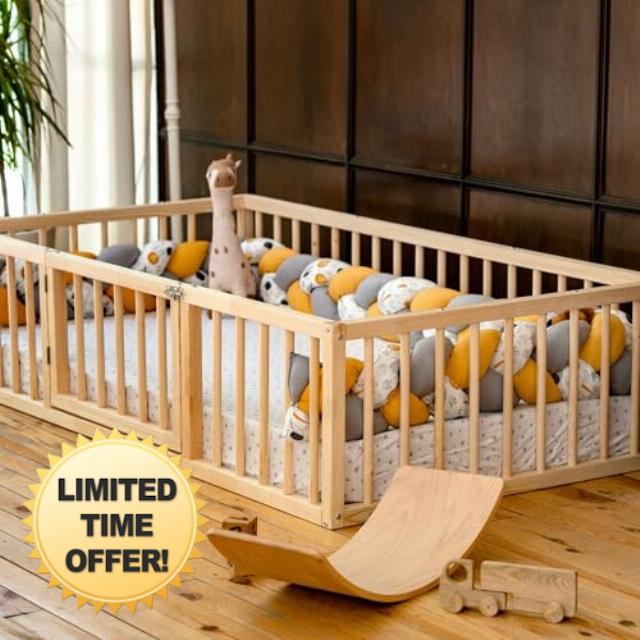 Montessori Floor Bed with Door for Toddler 39.4'' x 75.2'' Twin Size | Pine Wood Natural Solid Frame Bed with Wood Slats | Sturdy Design Floor Bed Frame for Boy and Girls (Twin