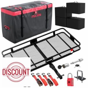 Mockins 500 Lbs Cap Folding Cargo Carrier Hitch Mount Hitch Cargo Carrier Rack & 15 Cu Ft Waterproof Cargo Bag | 4 Packing Cubes | 48"x18"x6" Tow Hitch Cargo Basket | Cargo Trailer Hitch Storage Rack