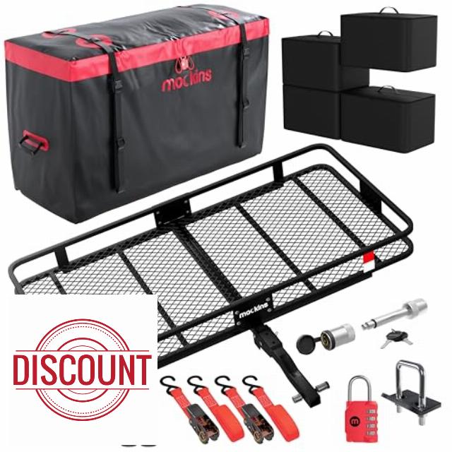Mockins 500 Lbs Cap Folding Cargo Carrier Hitch Mount Hitch Cargo Carrier Rack & 15 Cu Ft Waterproof Cargo Bag | 4 Packing Cubes | 48"x18"x6" Tow Hitch Cargo Basket | Cargo Trailer Hitch Storage Rack