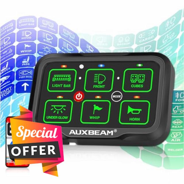 Auxbeam RGB 6 Gang Switch Panel AR-600 Automatic Dimmable Bluetooth Large Button Switch Panel w/Toggle Momentary Pulsed Switch Pod Waterproof 12-24V Switch Panel for UTV Boat Truck