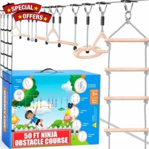 Ninja Warrior Obstacle Course for Kids - 2 x 50 ft - Up to 880 Lbs - 10 Weatherproof Obstacles - Ages 5-12 | Setup on Trees or Posts | Ninja Course for Kids Outside